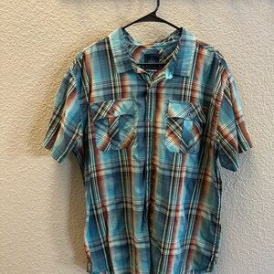 Prana Turquoise Plaid Short-Sleeve Button-Down Shirt